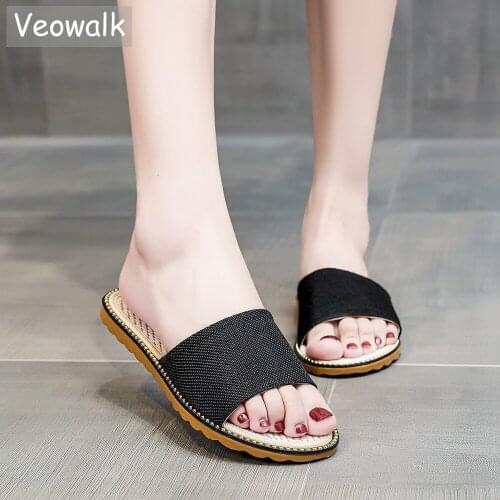 Veowalk Handmade Women Plain Linen Cotton Flat Slides Bead Rivets Summer Ladies Open Toe Slippers Beach Shoes Beige White Black