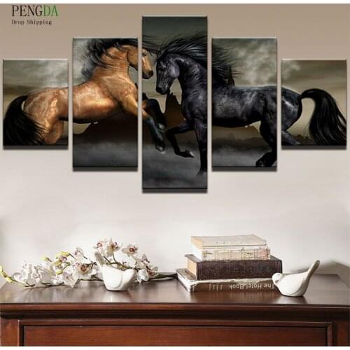 Modern Wall Art Painting Home Decorative Frame Modular Pictures HD Printed 5 Panel Running Fine Horses Canvas Art Poster PENGDA