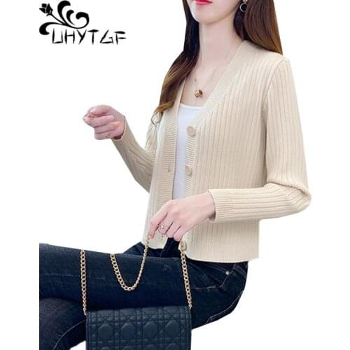 UHYTGF Knitted spring autumn sweater coat fashion shawl cardigan women long sleeve single-breasted plus size sweater jacket 1031