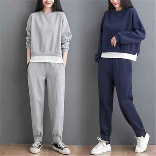 Large Size Ladies Suit 2021 Spring Autumn New Pullover Round Neck Stitching Sweatshirt Top Harem Pants Loose Womens Clothing
