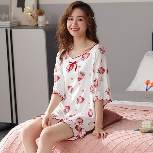Plus Size 3XL Modal Women Pajamas Set Strawberry Print Sleepwear Short Sleeve Casual Tracksuit 2 pieces Summer Home Lounge Gift