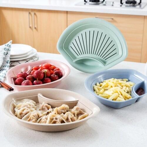 1 Pcs Wheat Straw Fan-shaped Dumpling Plate Double-layer Drain Plate With Vinegar Dish Dumpling Plate Fruit Plate