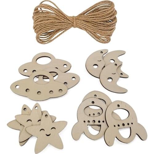 10Pcs Wooden Slices DIY Craft Unfinished Wood Kit Predrilled with Hole Hollow Star Moon Planet Chips Hanging Pendant Decoration