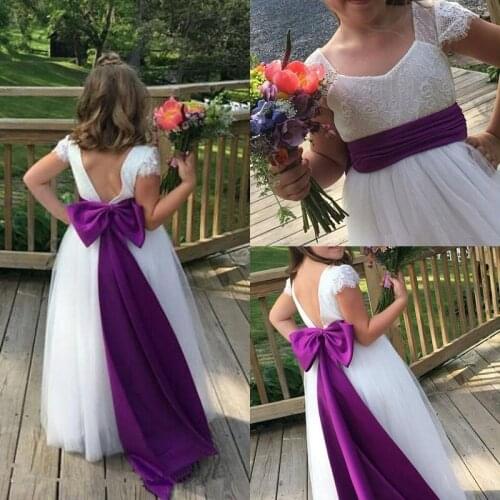 Flower Girl Dresses Lace Tulle Floor Length Long Formal Capped Sleeves Kids Gowns for Weddings with Purple BoW