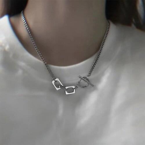 SRCOI Simple Metal Geometric Square Link Chain Asymmetric Necklace Lady Toggle Clasp OT Buckle Choker Collar Hip Hop Jewelry