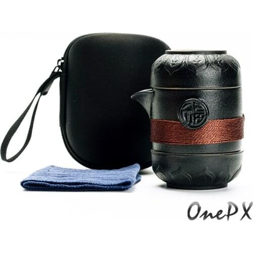 Black Pottery Tea Cup One Pot Two Cups Portable Travel Tea Set