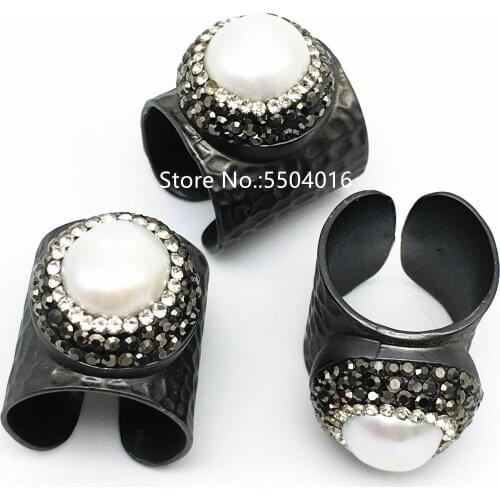 Gunmetal black Plated Natural Freshwater Pearl Cuff Rings, Black Electroplating Pave Crystal Rhinestone Pearl Ring for Women Men