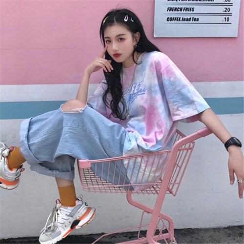 Harajuku Tie-Dye Pink T-Shirt Tee Female Aesthetic Punk Sailor Moon Grunge Clothes Streetwear Punk Gothic Top Kpop Anime Clothes