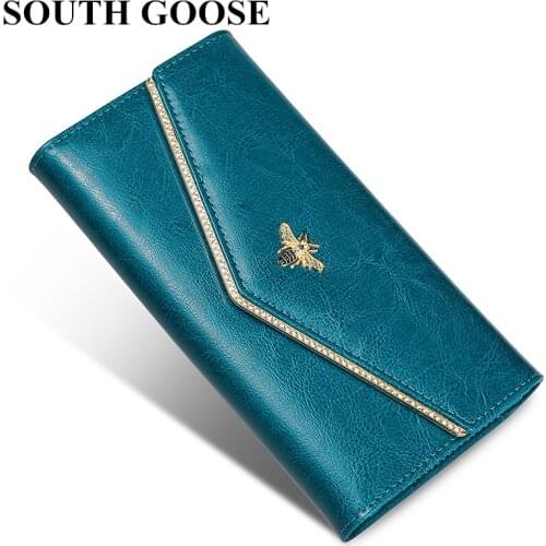 Genuine Leather Women Long Wallet Large Female Trifold Clutch Bag RFID Blocking Card Holder Ladies Elegant Phone Pouch Money Bag