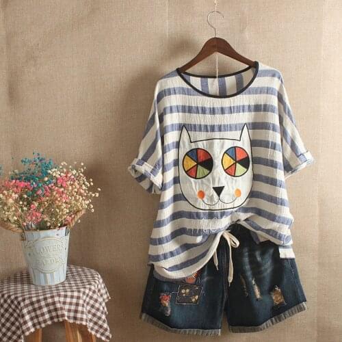 Cute Patch Design Embroidery Cartoon T Shirt Women Girls Harajuku Tops Summer Short Sleeve Cotton Linen Loose Striped Tee Shirt