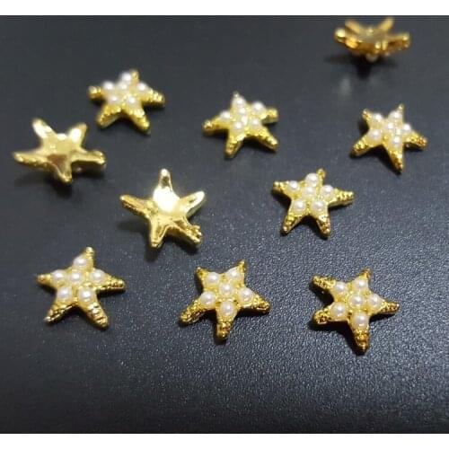 Fashion Japanese nail jewelry decoration 50pcs alloy starfish with pearls nail art charm gold nail metal glitter accessories