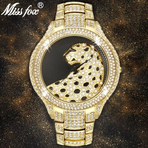 Missfox Mens Watch Luxury Diamond Gold Watch Men Top Brand Black Simple Leopard Business Iced Out Classic Quartz Male Clock