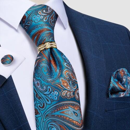 Men Tie Gold Blue Paisley High Quality Wedding Tie For Men Necktie Ring Hanky Cufflink Silk Tie Set DiBanGu Business JZ03-7278
