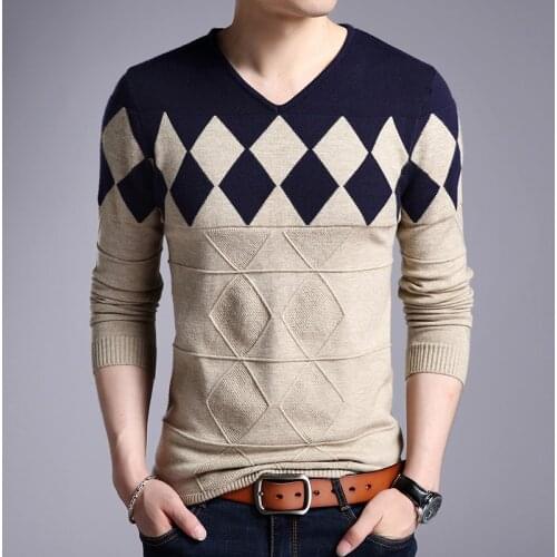 New arrival autumn winter mens argyle pattern cashmere sweater v-neck long sleeve patchwork plaid pullover sweater