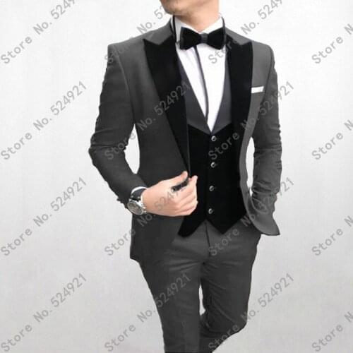 New Style Groomsmen Peak Velvet Lapel Groom Tuxedos Dark Grey+Black Men Suits Wedding Best Man (Jacket+Pants+Bow Tie+Vest) C632