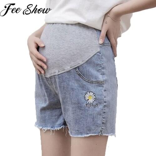 Pregnant Women Shorts Summer Maternity High Waist Support Belt Denim Shorts Loose Pocket Jeans Short Pants for Pregnancy Clothes