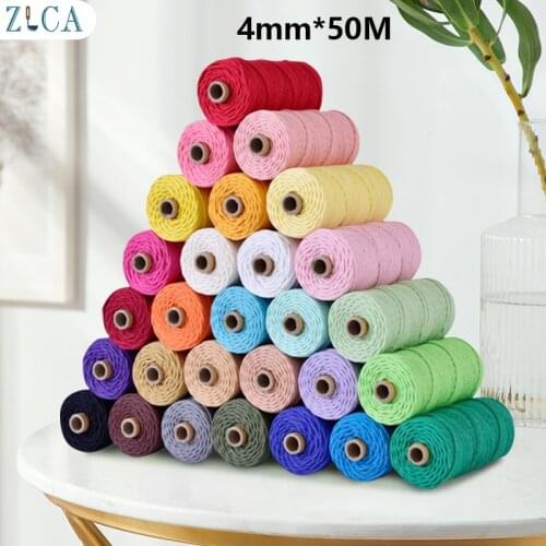 4mm X50M Rope Twisted-Cord 100% Cotton Rope Colorful Twine Macrame Cord String Thread for Party Wedding Decoration DIY Cord 4MM