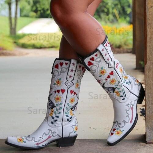 SARAIRIS High Heels Women Shoes Western Boots mid-calf Boots White Square Toe Boots Embroidery Flowers Square Heel Fashion Shoes