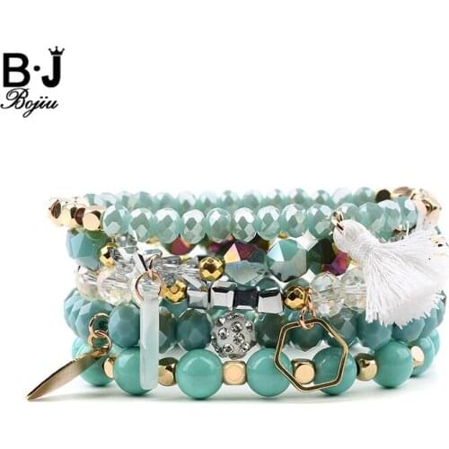 BOJIU 5 Pcs/Set Multiple Layers Crystal Charm Bracelets For Women Elastic Trendy Mint Blue Red Pink Style Bracelets Set BCSET255