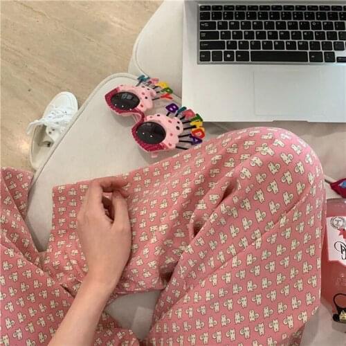 Wide Leg Pants Women Cute Sweet Cartoon Fruits Print Home Clothes Black Orange Pink Casual Womens Loose Pants Free Shipping