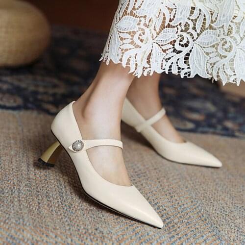 Ochanmeb oversized 43 womens pointed toe Mary Janes pump woman microfiber leather black beige nude chic gold heels wedding shoe