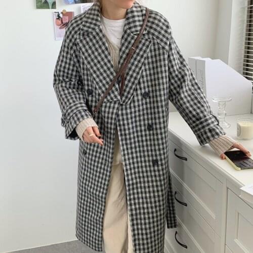 Пальто женское шерстяное Winter New WomenS Long Woolen Coat Fashion Vintage Lattice Double Breasted Suit Collar Elegant Jackets