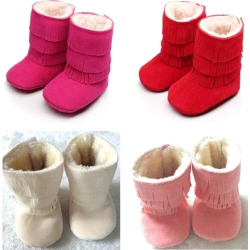 2020 Winter Christmas Baby Girls Snow Boots Fur Fringe Suede Solid Baby Shoes Newborn First Walkers 10-15cm Pink Red Beige Shoe