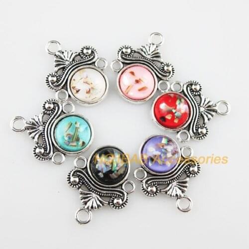 12 New Round Flower Resin Connectors Shivering Mixed Charms Tibetan Silver 18x23mm