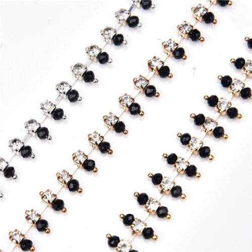 2 Yards Beautiful Black Crystal Rhinestone Chain Beading Trim Pearl Pendant Bridal Headband Accessories Clothes Wedding Dress