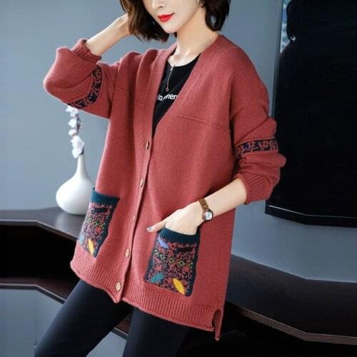 2021 Autumn New Women Long Sleeve Knitted Cotton Retro Sweater Casual Pocket V-neck Embroidery Single Breasted Women Sweater