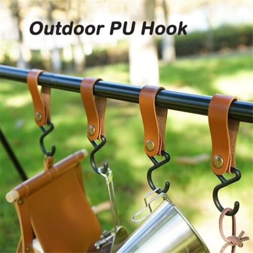 4PCS Outdoor PU Hook 12.5x2CM Nylon Anti-Wear Metal Button Hanger Camping Hiking Picnic Hanging Rack Cookware Tableware Bag Hook