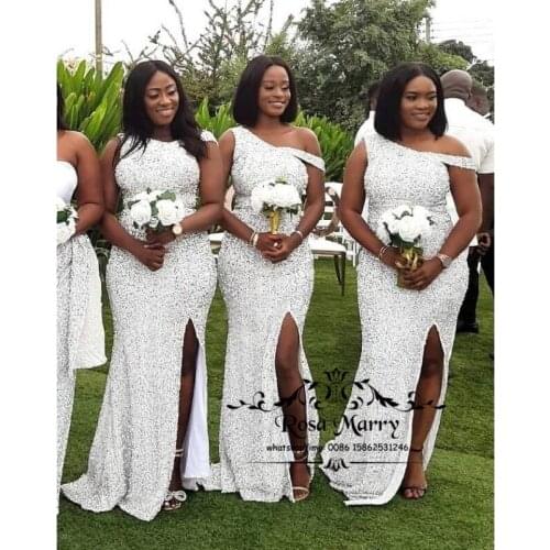 Sparkly Sequined Mermaid Bridesmaids Dresses 2021 Plus Size High Split African Wedding Guest Prom Gowns Maid Of Honors For Girls