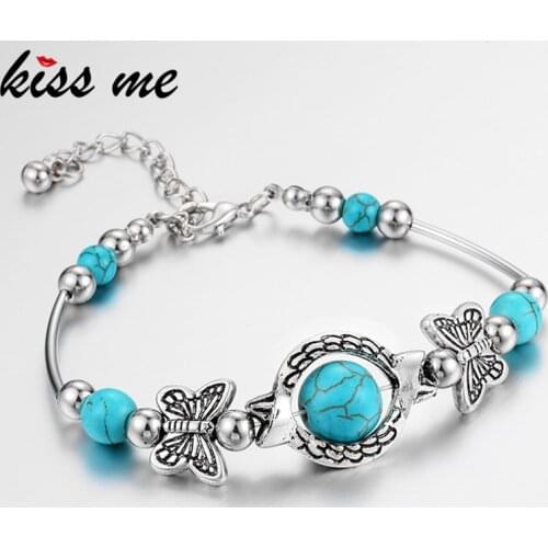 Kissme Ethnic Turquoise Charms Bracelets For Women Vintage Style Silver Color Alloy Cute Butterfly Chains Bangle Fashion Jewelry