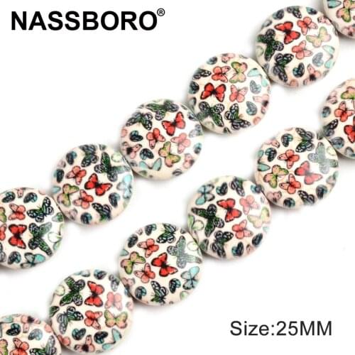 25mm Flat Round Shape Printed Flower Stone Beads for Jewelry Making Two Sides of The Same Pattern DIY Necklace Wholesale Bead