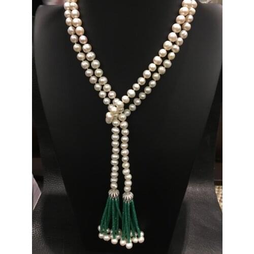 Hand knotted 110cm long 7-8mm natural white freshwater pearl sweater chain necklace fashion jewelry