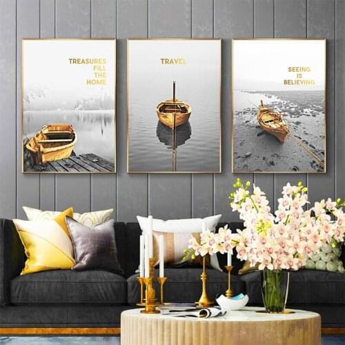 Nordic Decoration Golden Boat Beach Poster Landscape Modern Canvas Painting Wall Art Print Pictures for Living room Home Decor