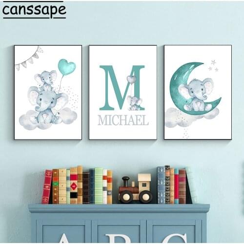 Nursery Wall Painting Elephant Poster Custom Name Posters Balloon Moon Cloud Canvas Print Nordic Wall Pictures Kids Room Decor