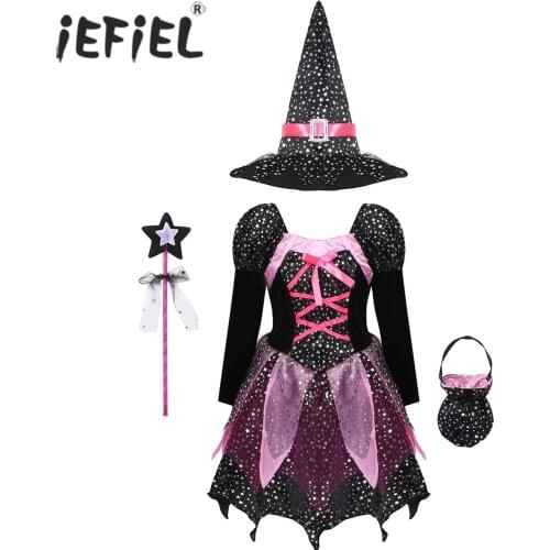Kids Girls Halloween Witch Scary Costume Outfit Set Long Sleeve Sparkly Stars Printed Dress with Pointed Hat Wand Candy Bag