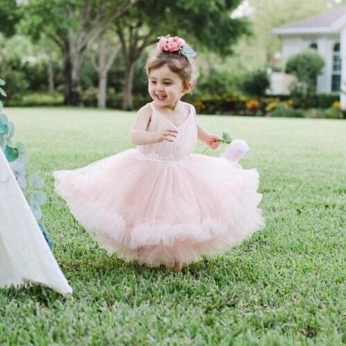 Light Pink Cute Baby Girl Birthday Party Gowns V Neck Straps Kid Cloth Children Flower Girl Dress for Wedding Size 1-14Y