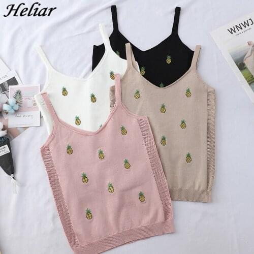 HELIAR Women Pineapple Embroidery Camis Knitted Short Slim Elastic Crop Tops Summer Fashion Womens Tops 2021 Spring