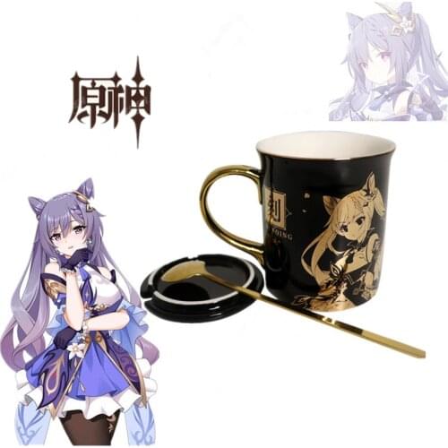 Game Anime Genshin Impact Keqing Ceramic Mug Cup Coffee Water Cup Gold Stamping Men Women Spoon+Cup lid +Cup Fashion Xmas Gift