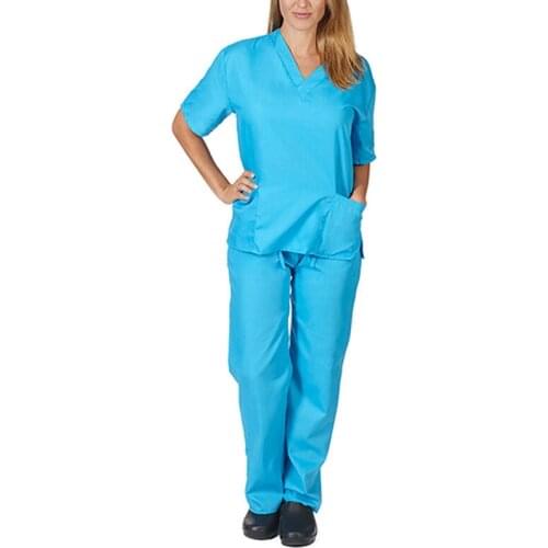 Two Piece Set Scrub Suit Nursing Uniform Set Tops+Pants V-neck Short Sleeved Fast-drying Suits