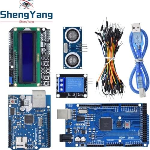 Mega 2560 r3 for arduino kit + HC-SR04 +breadboard cable + relay module+ W5100 UNO shield + LCD 1602 Keypad shield