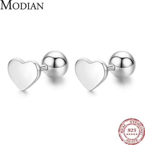 Modian 100% Real 925 Sterling Silver Simple Hearts Stud Earrings Fashion Round Bead Earring For Women Statement Fine Jewelry
