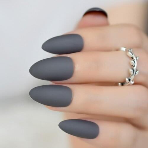 Fashion Smoky Gray Matte Stiletto Fake Nails Soft Good Feel Almond Pointed Press on Oval Frosted Full Cover False Nail Art Tips