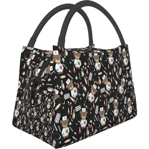 Cartoon Nurse Pattern Print Cooler Lunch Box Portable Insulated Canvas Lunch Bag Thermal Food Containers Picnic Lunch Bags