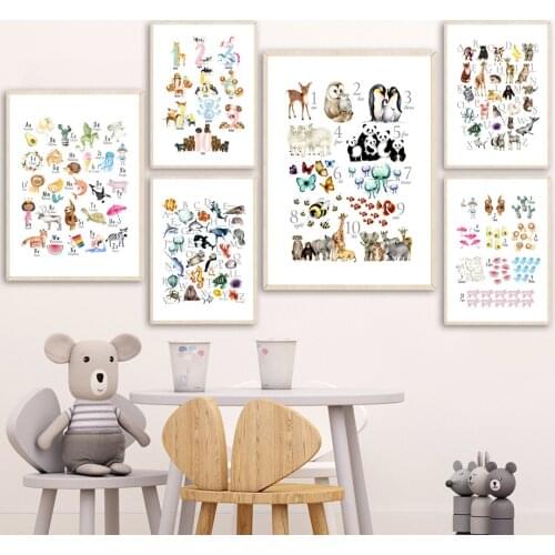 Cartoon Animals Alphabet Number Nordic Posters And Prints Education Wall Art Canvas Painting Wall Pictures For Kids Room Decor