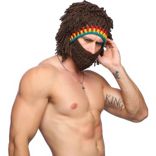 Mens Knitted Hat Wild Man Bearded Wool Cap Winter