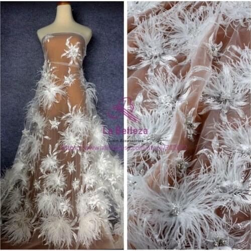 La Belleza New Upscale glittering heavy 3D flowers feather beaded crystal wedding/evening dress lace fabric 1 yard