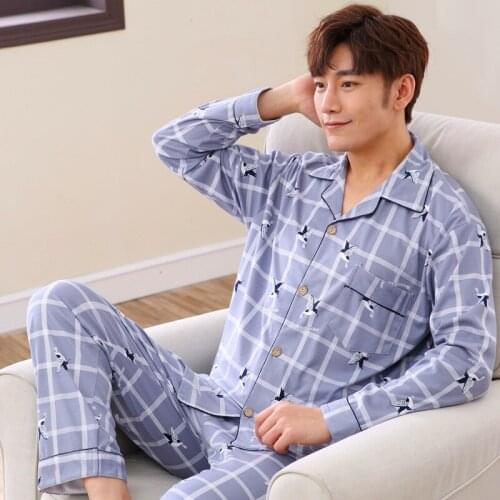 2020 Autumn New Mens Pajamas Sets Cotton Long Sleeve Pyjamas Print Casual Sleepwear Cardigan Male Homewear Clothing Large Size